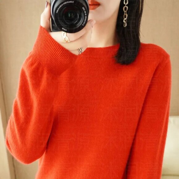 RED COLOR ONE SIZE FITS ALL VERY SOFT CREW NECK RIB CUFFS, COLLAR, HEM SWEATER - Picture 1 of 1